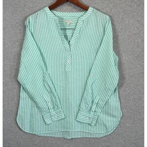 Talbots Linen Blend Band Collar Popover Blouse Striped Sz M Roll Tab Sleeve